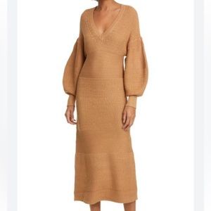 STAUD midi sweater dress; color is camel; size XS